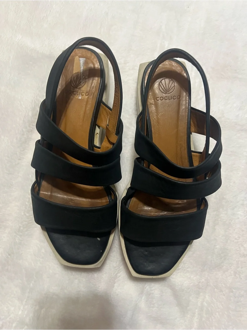 COCLICO Black Leather Crisscross Platform Sandals with White Platform